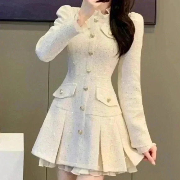 Apricot Elegant Women's Sequin Tweed Pleated Single Breasted Mini Dress - Picture 4 of 7